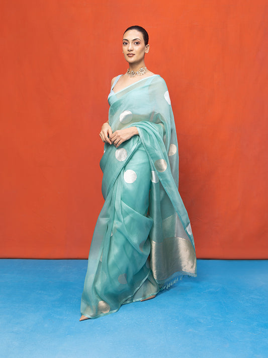 Handwoven Sea Green Kora Banarasi Saree