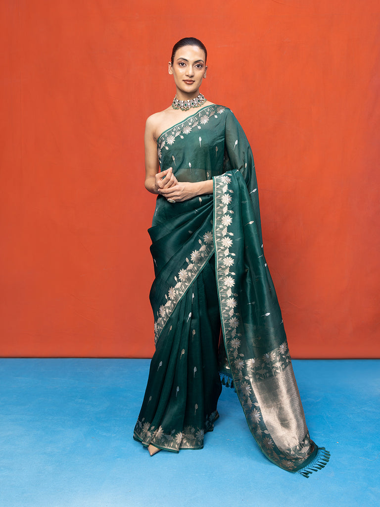 Handwoven Bottle Green Kora Banarasi Saree