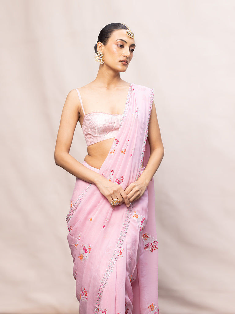 Handwoven Pink Chiffon Banarasi Saree
