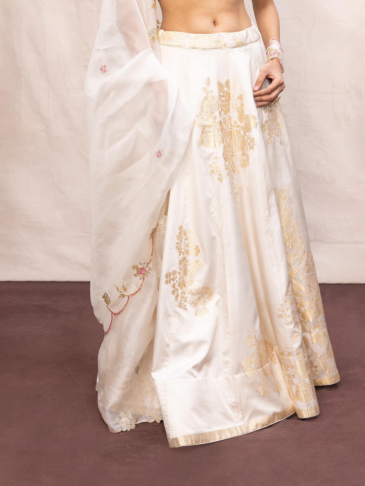 Handwoven Off-White Satin Lehenga Set