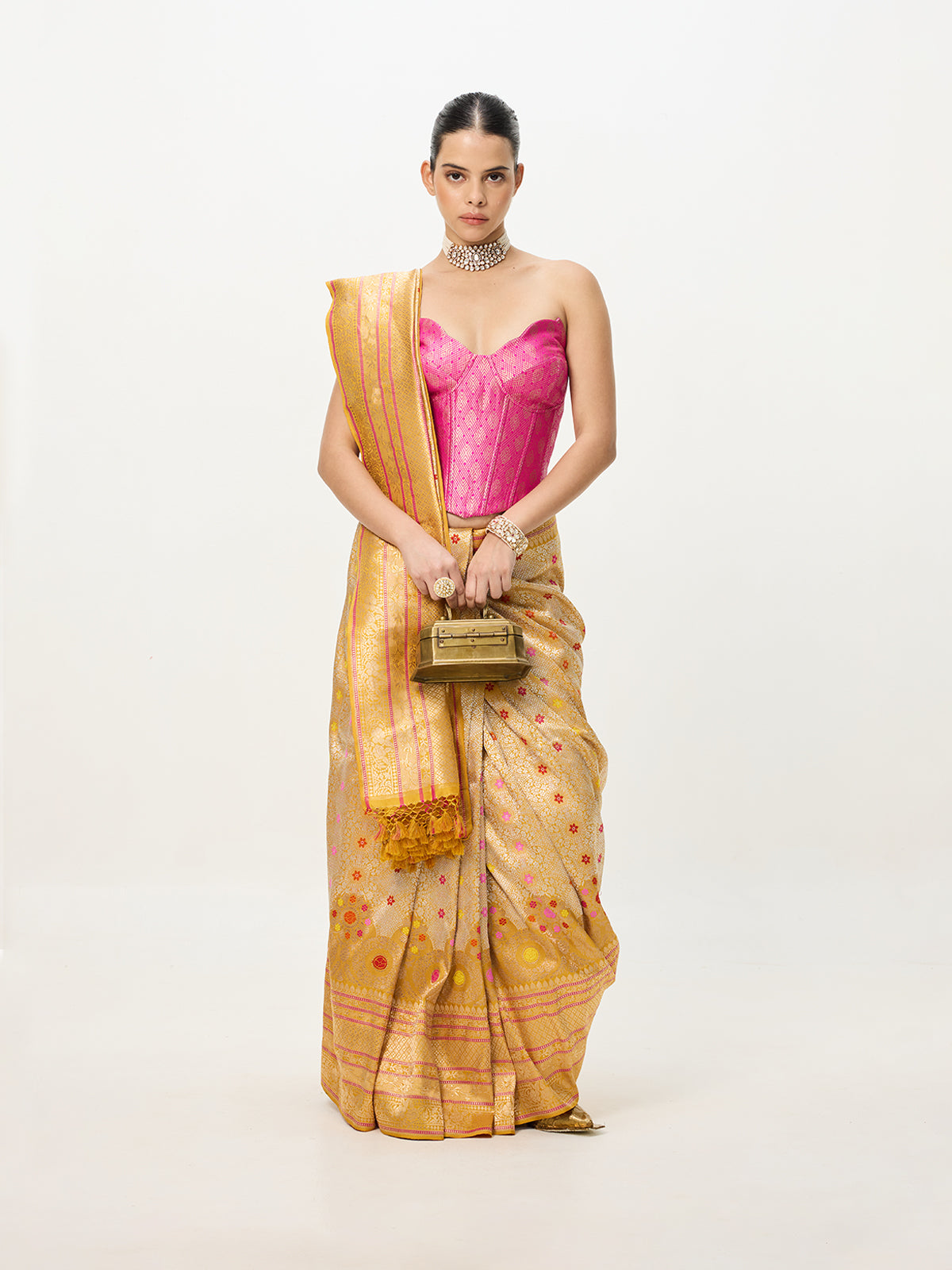 Handwoven Mustard Banarasi Emboss Saree