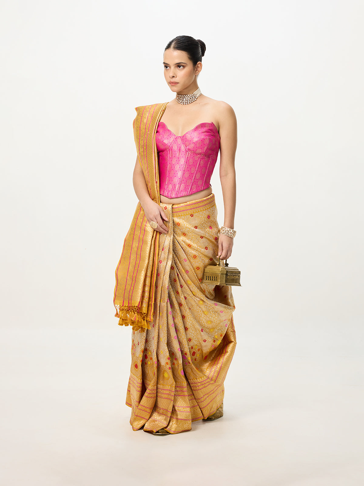 Handwoven Mustard Banarasi Emboss Saree