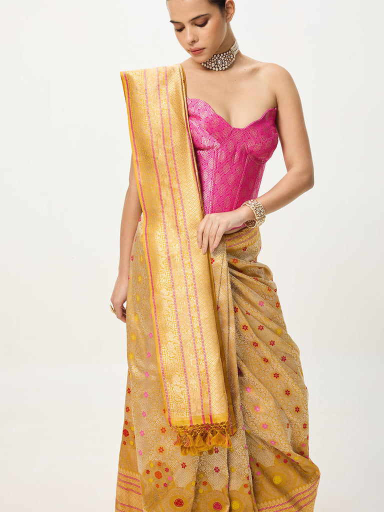 Handwoven Mustard Banarasi Emboss Saree