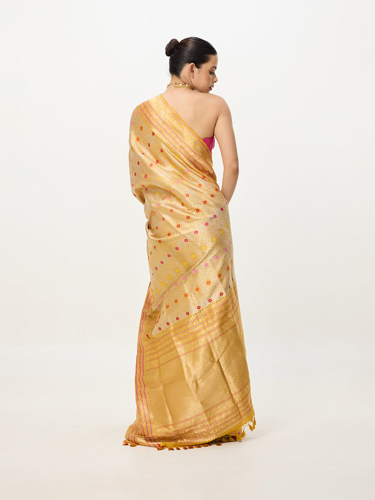 Handwoven Mustard Banarasi Emboss Saree