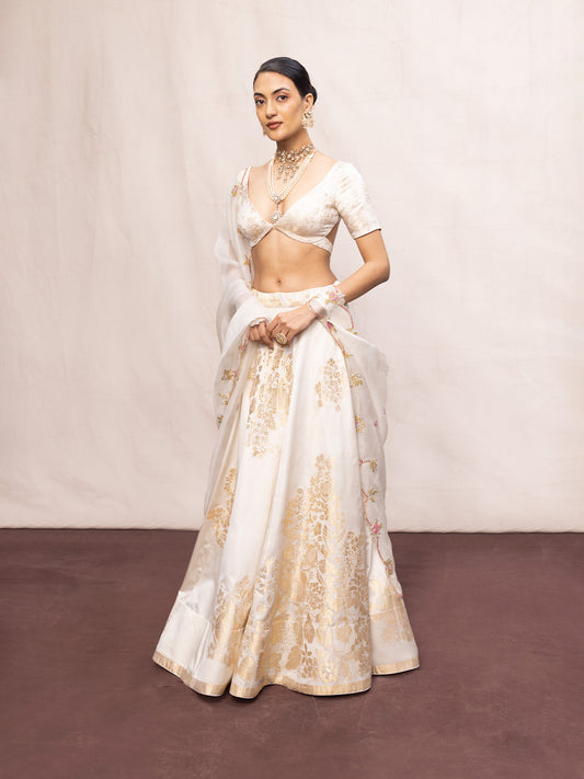 Handwoven Off-White Satin Lehenga Set