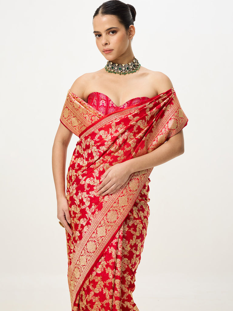 Handwoven Red Cutwork Banarasi Saree