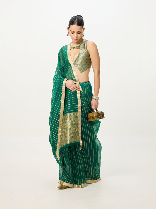 Handwoven Dark Green Cutwork Banarasi Saree