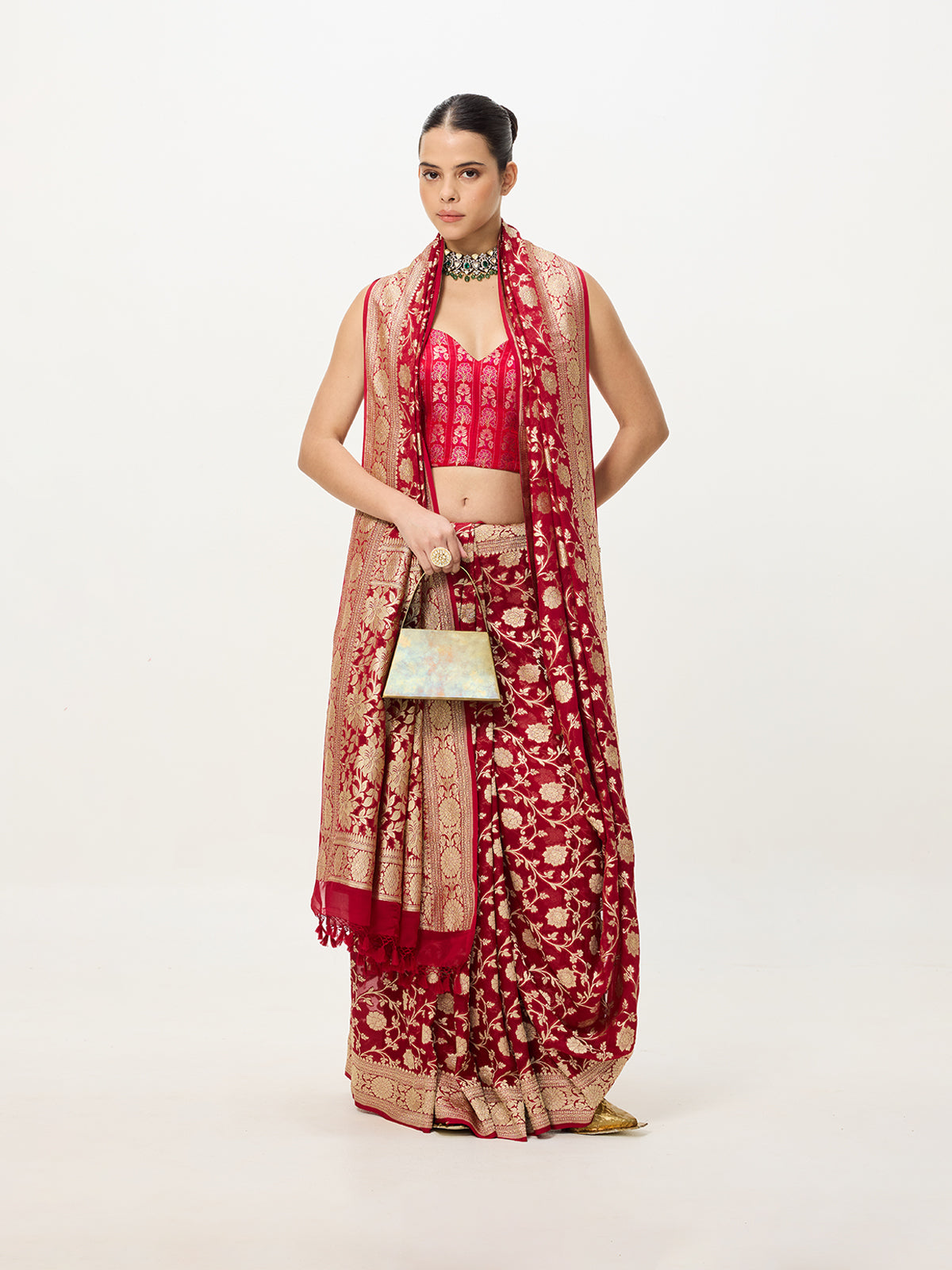 Handwoven Crimson Red Cutwork Banarasi Saree
