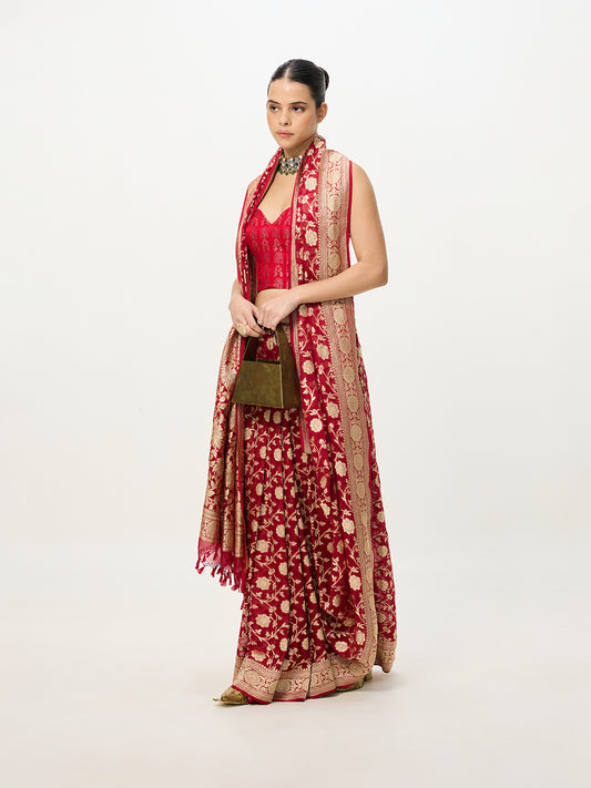 Handwoven Crimson Red Cutwork Banarasi Saree