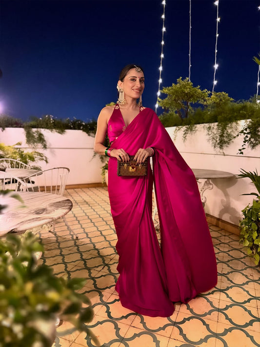 Handwoven Rani Pink Satin Saree