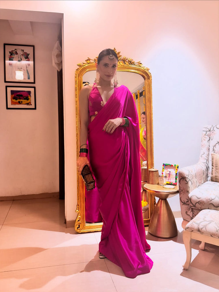Handwoven Rani Pink Satin Saree
