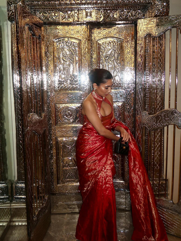 Handwoven Crimson Red Silk Tissue Saree