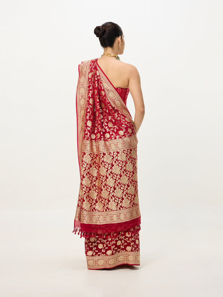 Handwoven Crimson Red Cutwork Banarasi Saree