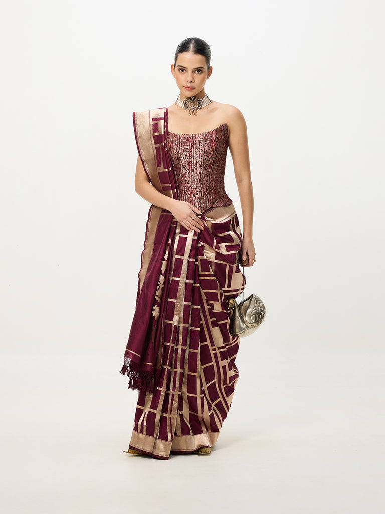 Handwoven Maroon Cutwork Banarasi Saree