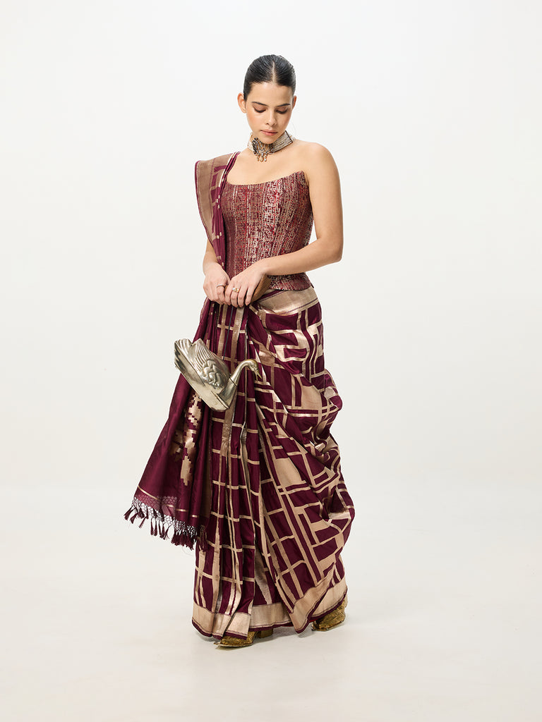 Handwoven Maroon Cutwork Banarasi Saree