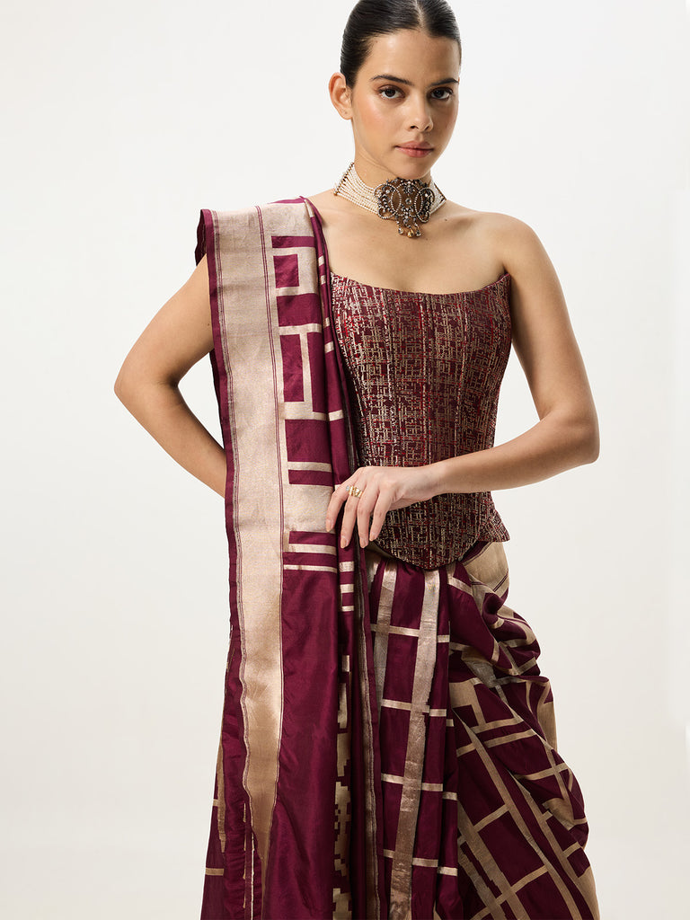 Handwoven Maroon Cutwork Banarasi Saree