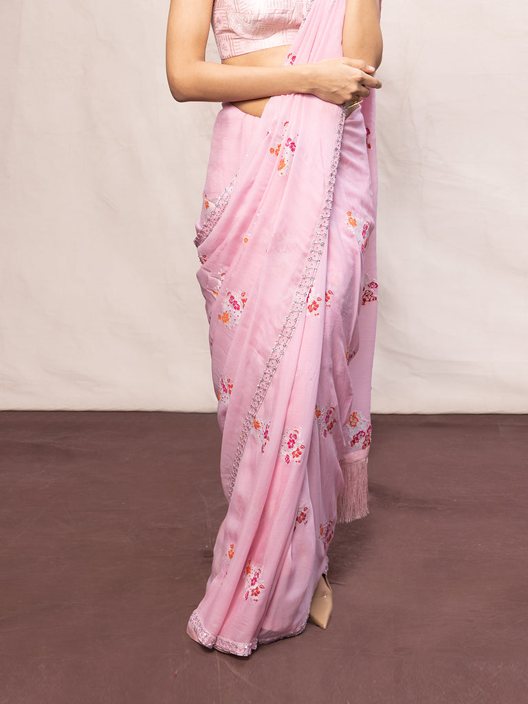 Handwoven Pink Chiffon Banarasi Saree