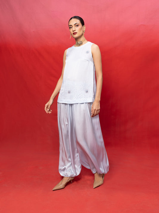 Handwoven Ice Blue Silk Embroidered Top and Pant Set