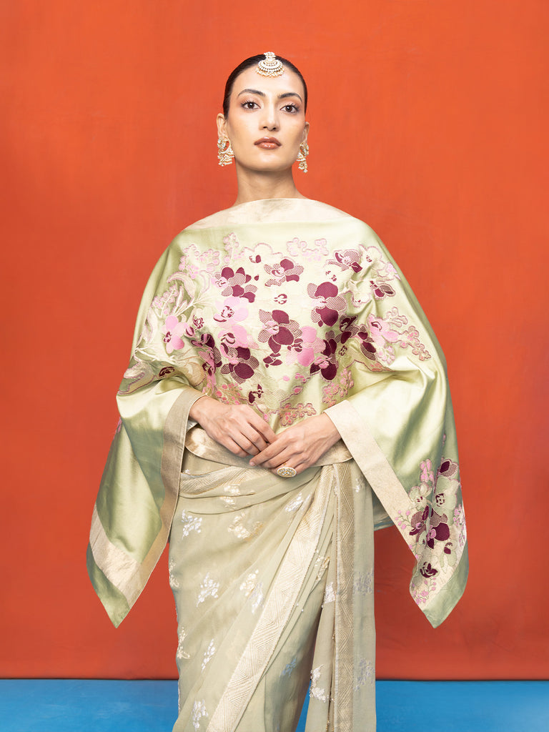 Handwoven Pistachio Green Silk Banarasi Shawl