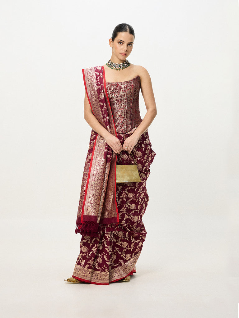 Handwoven Maroon Cutwork Banarasi Saree
