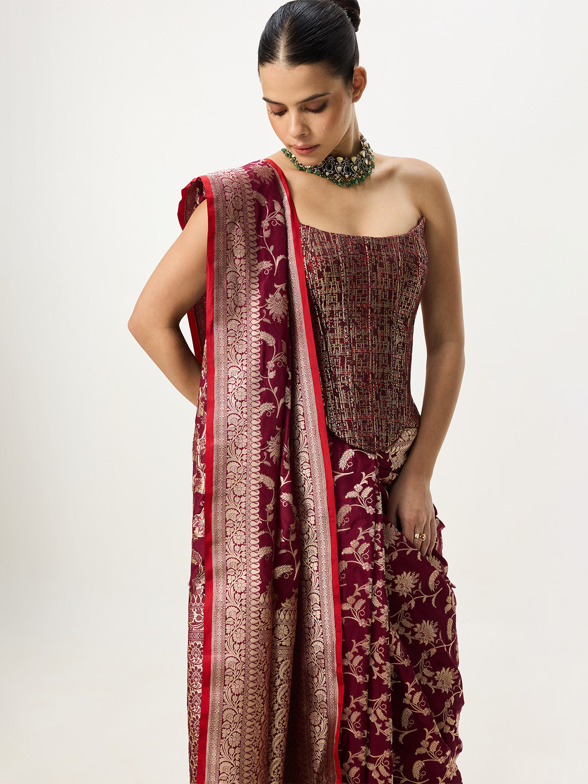 Handwoven Maroon Cutwork Banarasi Saree