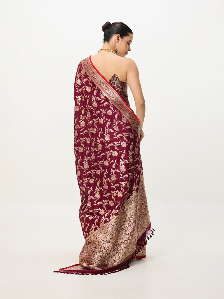 Handwoven Maroon Cutwork Banarasi Saree