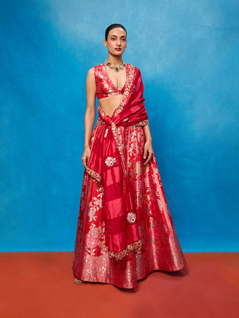 Handwoven Red Kora Banarasi Lehenga