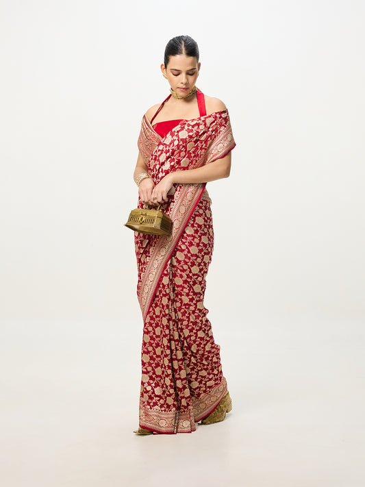 Handwoven Ruby Red Cutwork Banarasi Saree