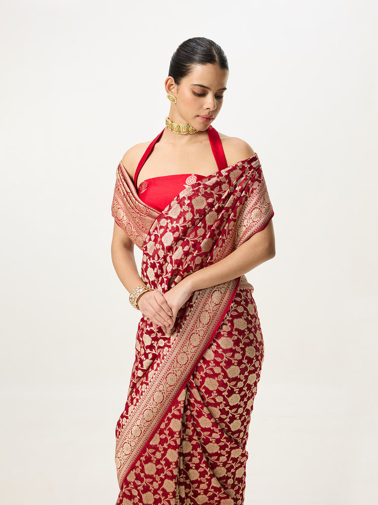 Handwoven Ruby Red Cutwork Banarasi Saree
