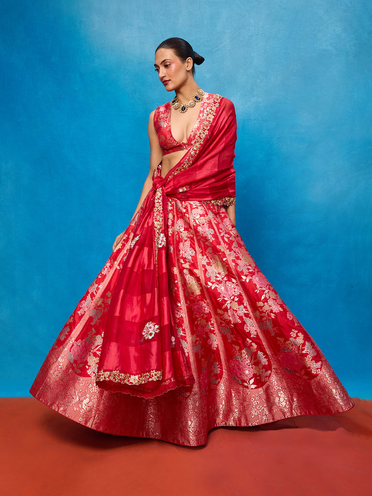 Handwoven Red Kora Banarasi Lehenga