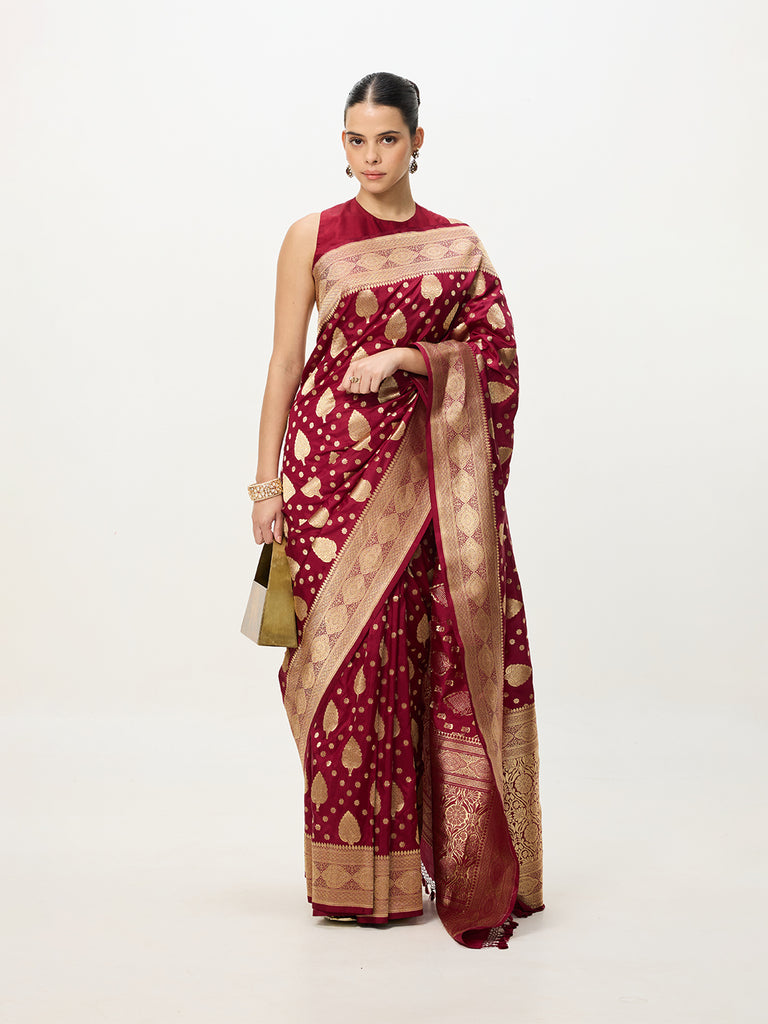 Handwoven Deep Red Cutwork Banarasi Saree