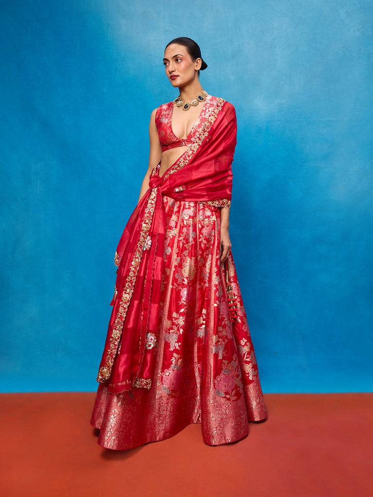 Handwoven Red Kora Banarasi Lehenga