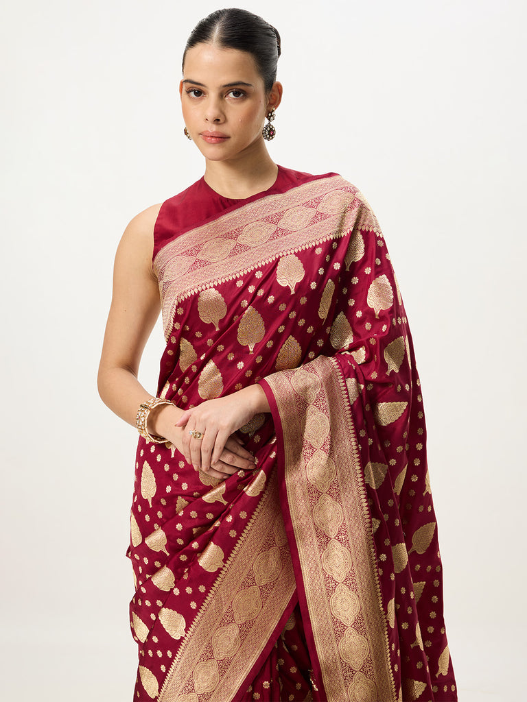Handwoven Deep Red Cutwork Banarasi Saree