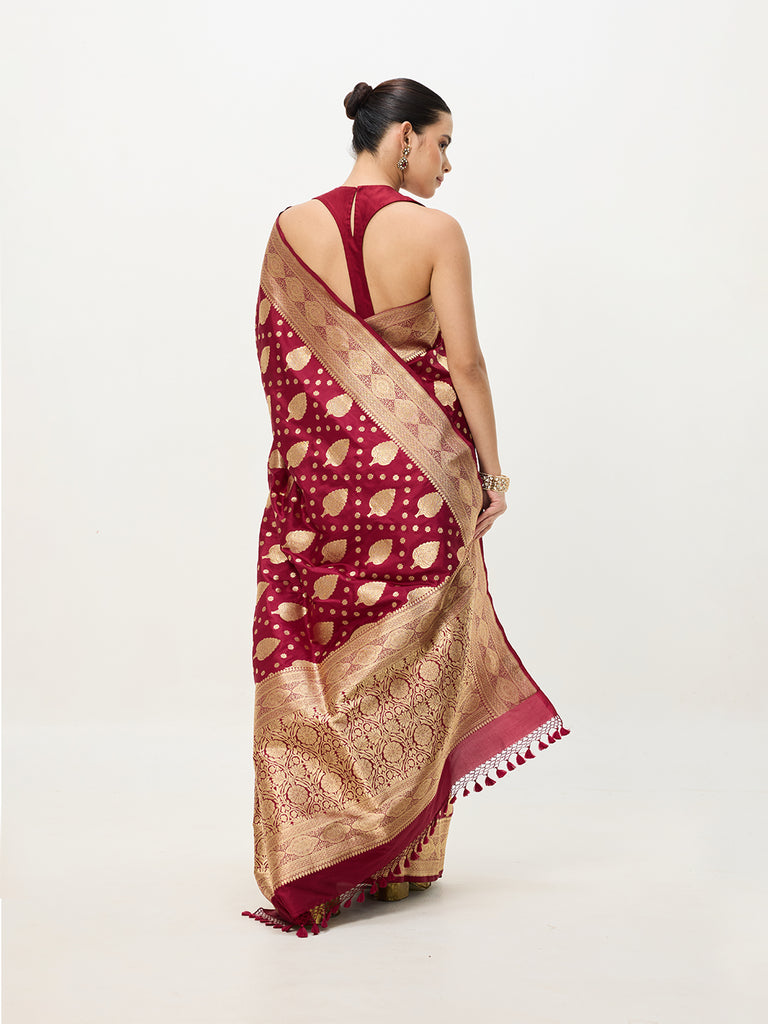 Handwoven Deep Red Cutwork Banarasi Saree