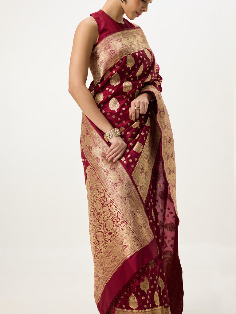 Handwoven Deep Red Cutwork Banarasi Saree