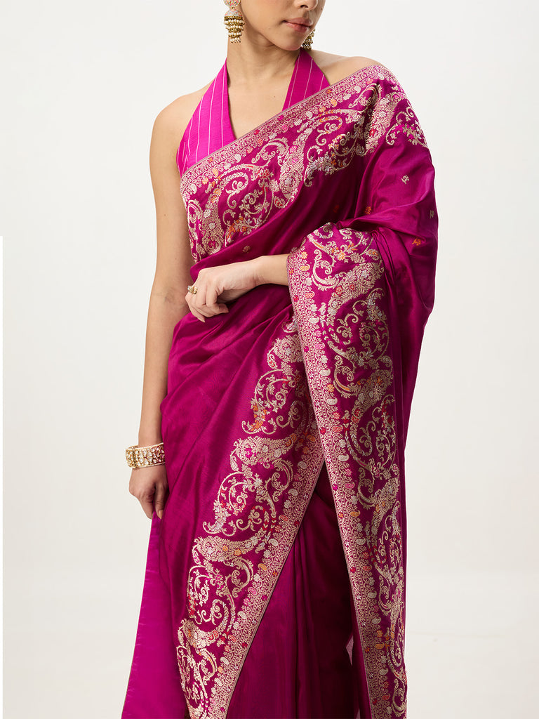 Handwoven Hot Pink Kadhwa Banarasi Saree