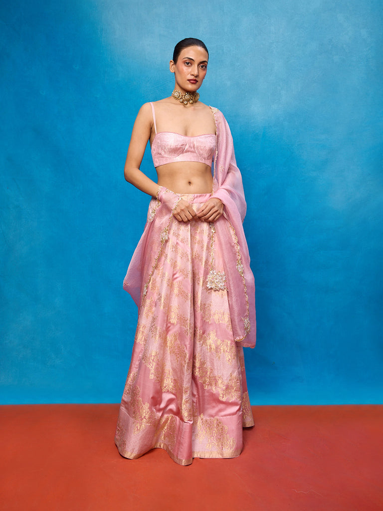 Handwoven Pink Satin Lehenga Set