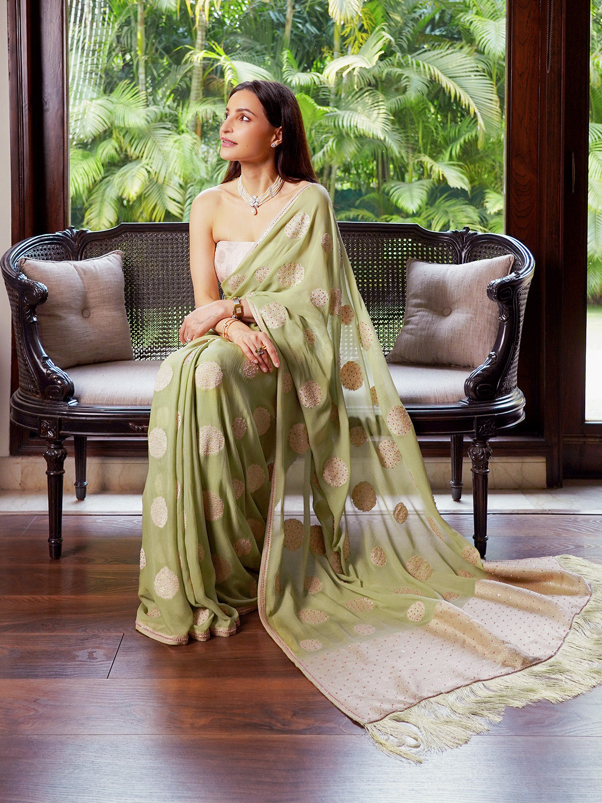 Handwoven Pistachio Chiffon Banarasi Saree