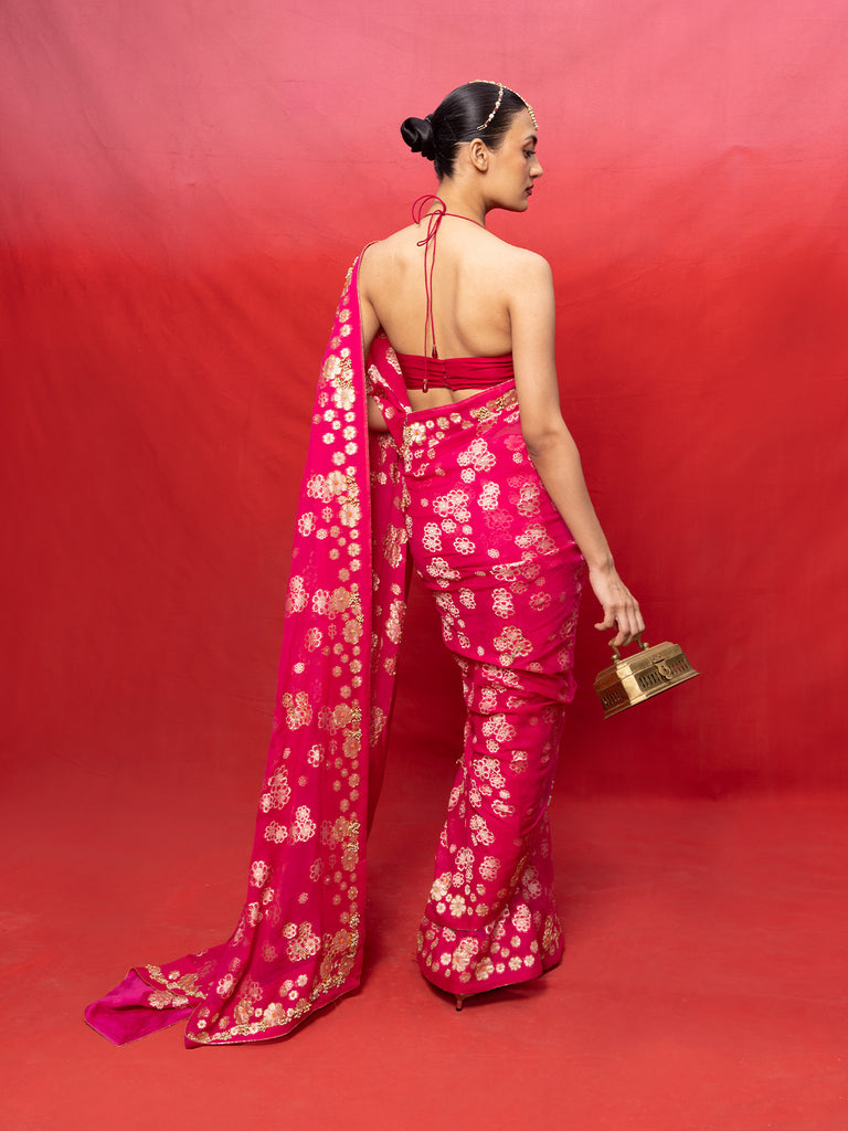 Handwoven Fuchsia Chiffon Banarasi Saree