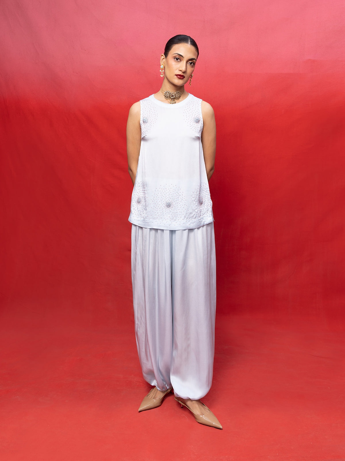 Handwoven Ice Blue Silk Embroidered Top and Pant Set