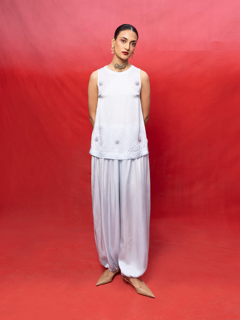 Handwoven Ice Blue Silk Embroidered Top and Pant Set