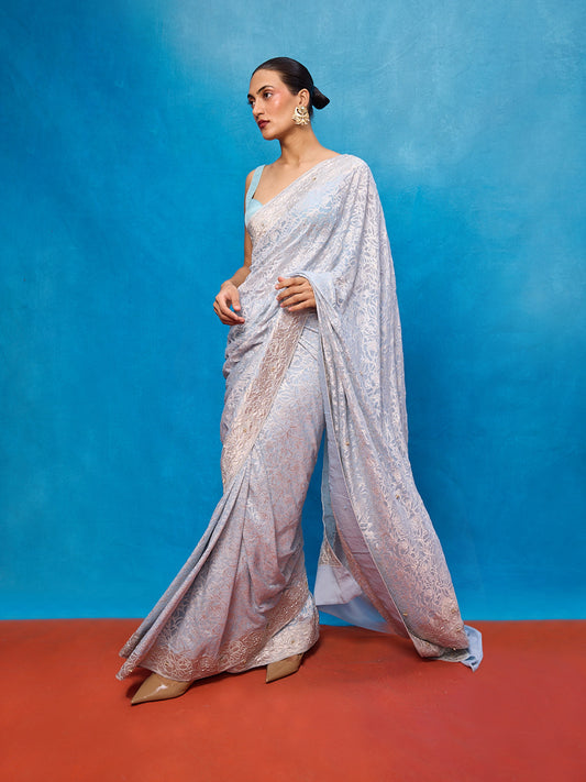 Handwoven Ice Blue Chiffon Embossed Saree