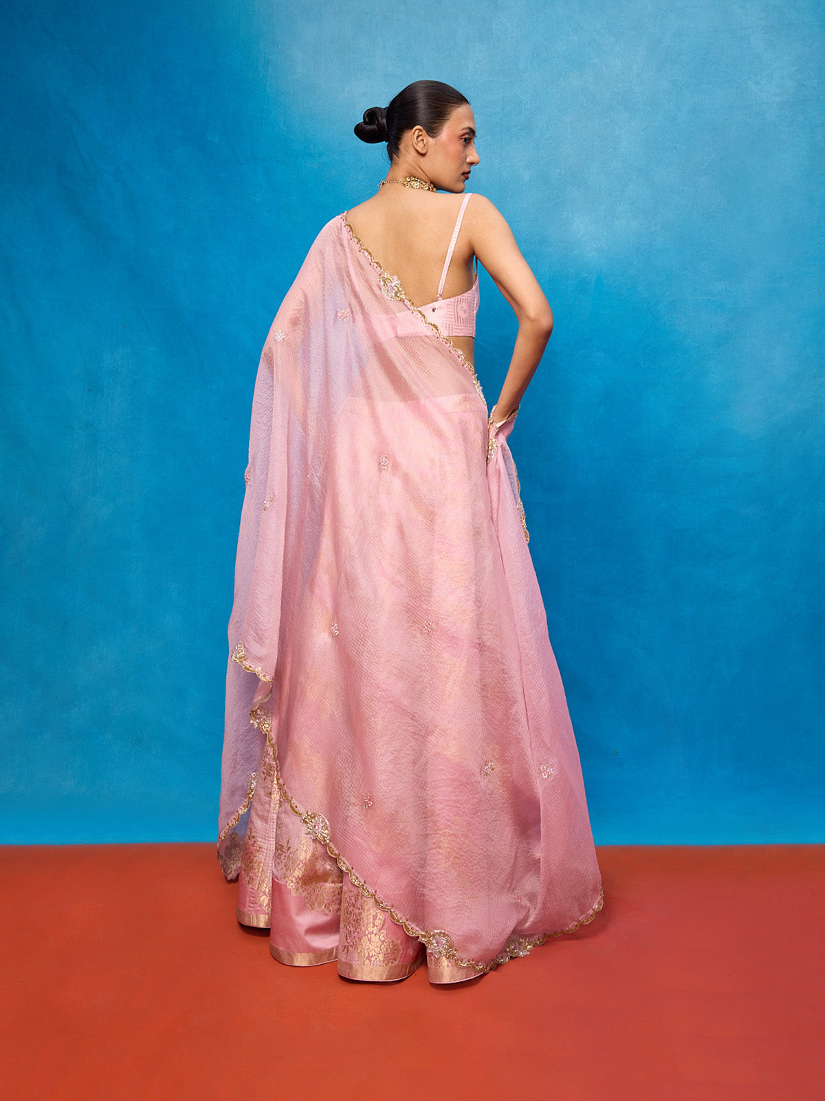 Handwoven Pink Satin Lehenga Set