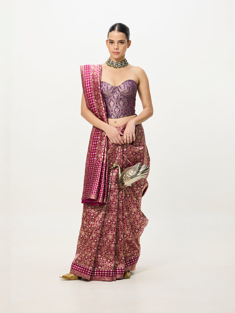 Handwoven Deep Purple Banarasi Emboss Saree