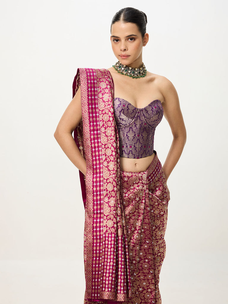 Handwoven Deep Purple Banarasi Emboss Saree