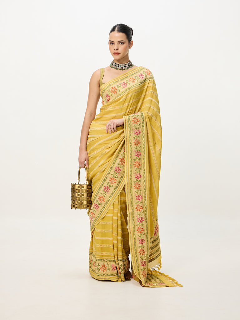 Handwoven Mustard Cutwork Banarasi Saree