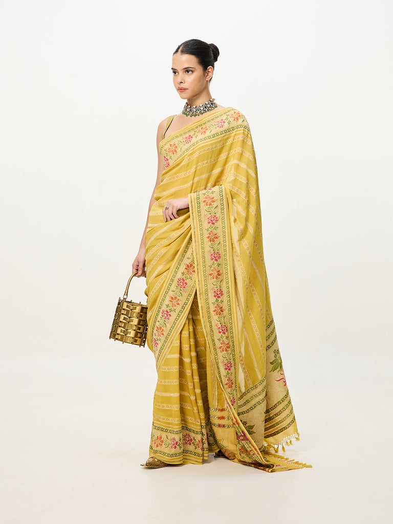 Handwoven Mustard Cutwork Banarasi Saree