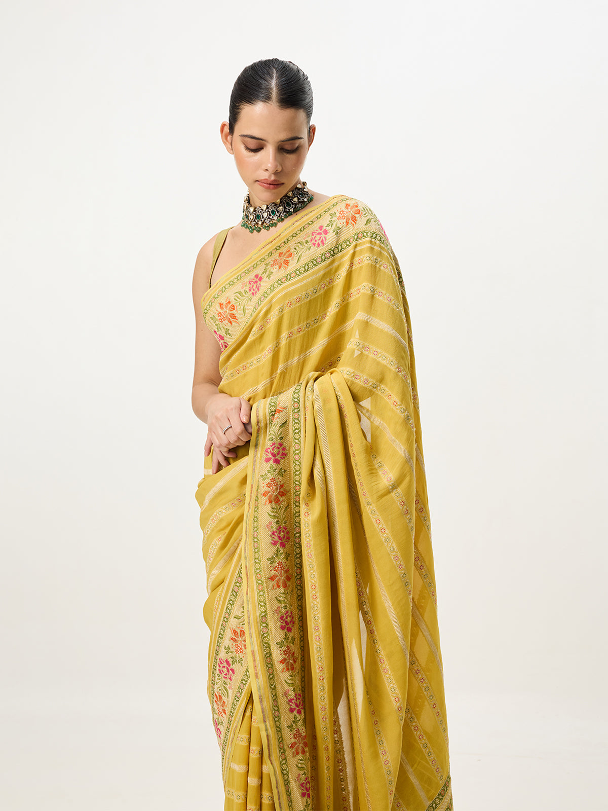 Handwoven Mustard Cutwork Banarasi Saree