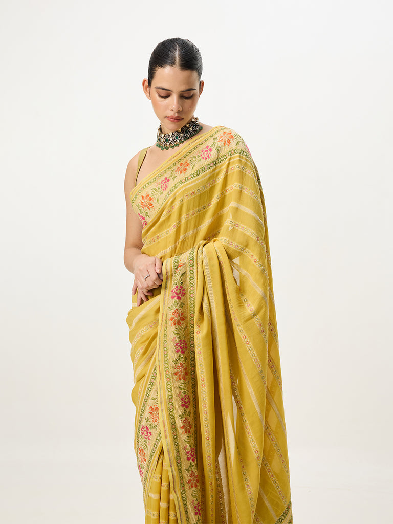 Handwoven Mustard Cutwork Banarasi Saree
