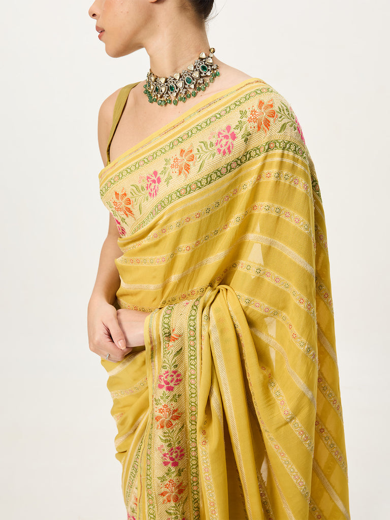 Handwoven Mustard Cutwork Banarasi Saree